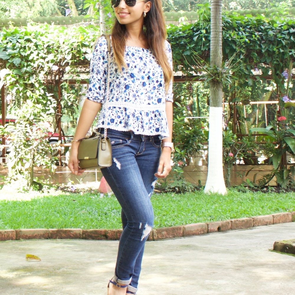 Blue floral off-the-shoulder top